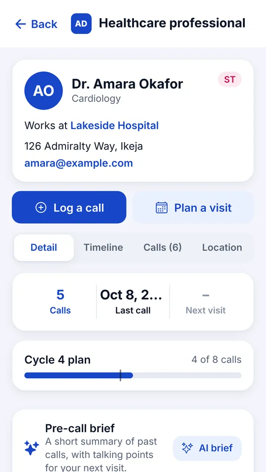 A healthcare professional's profile with calls, last call date, cycle plan progress and a pre-call brief