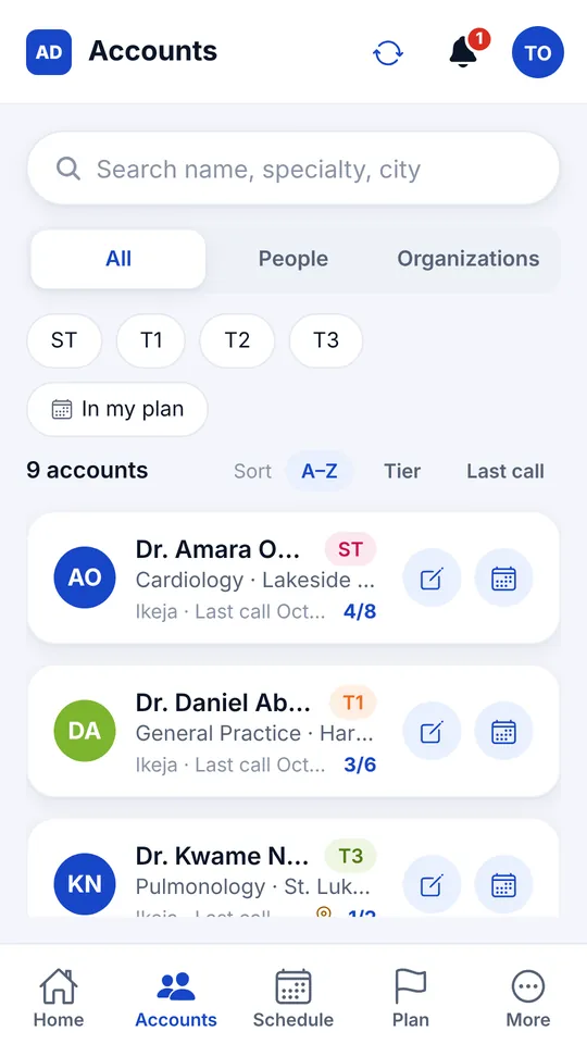 Accounts list filtered by tier, with each doctor's specialty, location and last call
