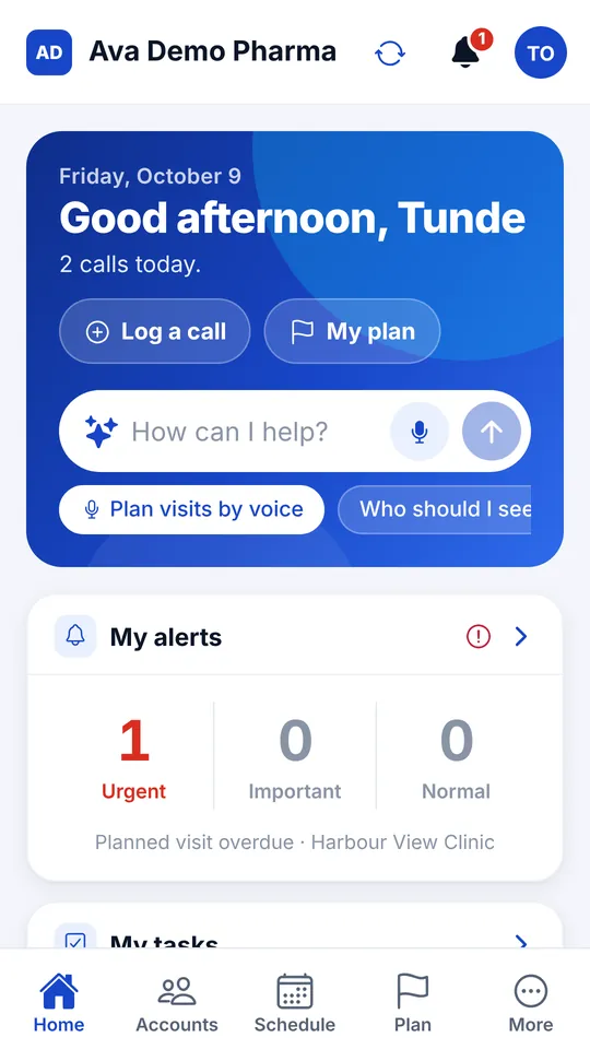 Ava CRM home screen for a rep: today's calls, Log a call and My plan buttons, the Ask Ava box and alerts