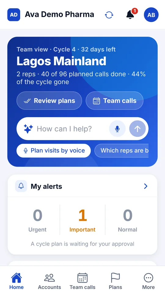 Manager's team view with planned calls done, Review plans and Team calls buttons and alerts