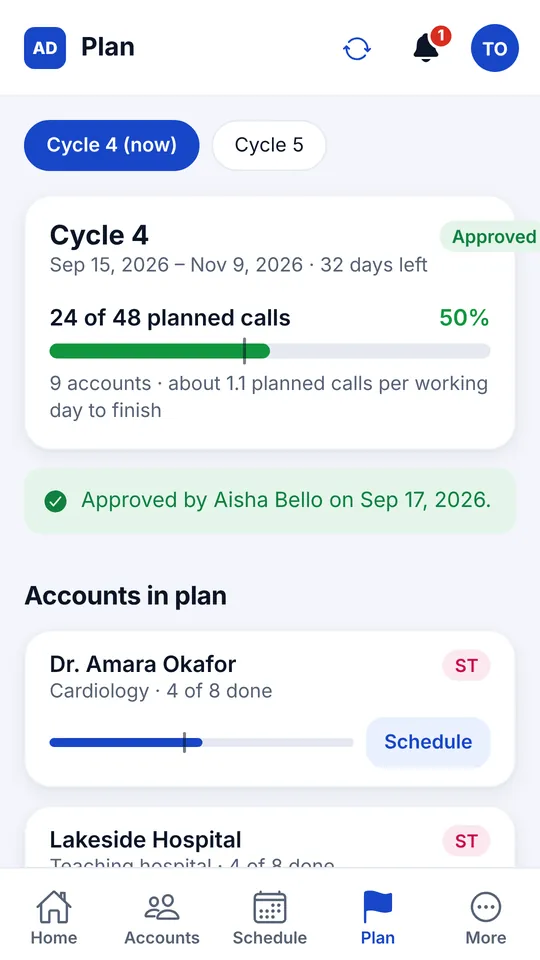 Cycle plan showing planned calls done, approval by the manager and progress for each account