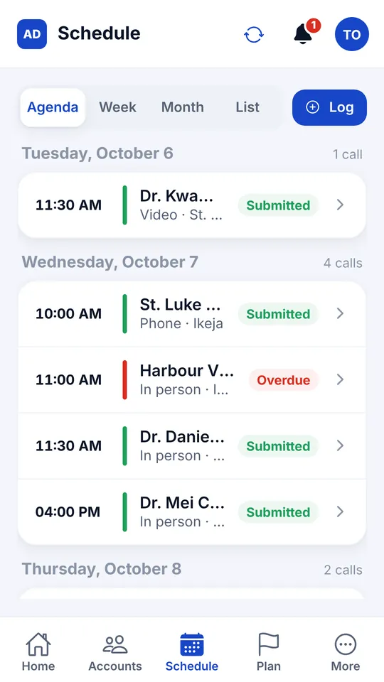 Schedule in agenda view, listing each day's calls with their status