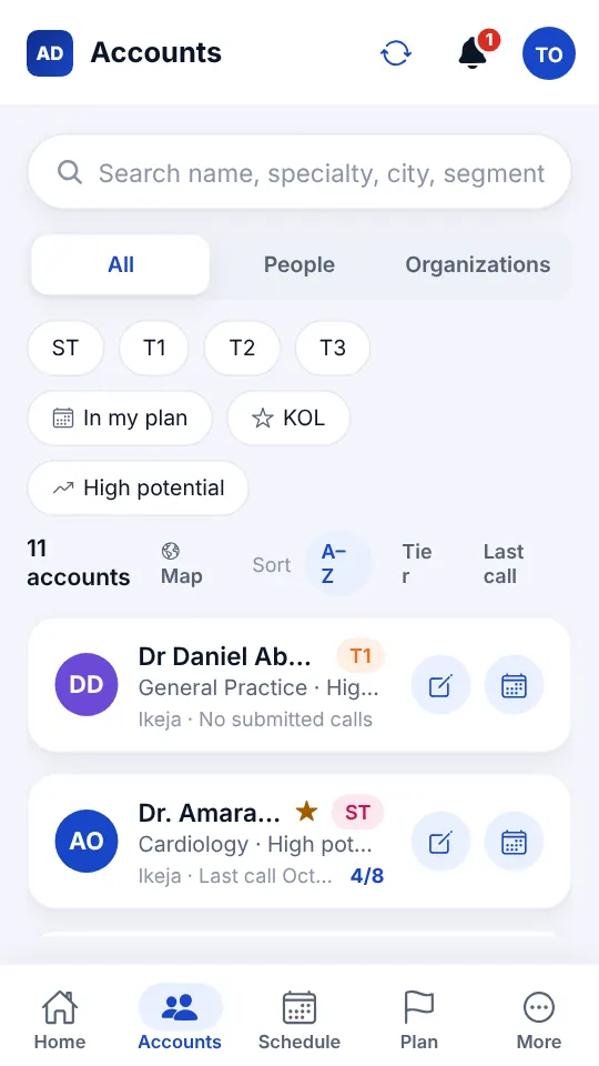 Accounts list with tier filters and doctors’ specialties