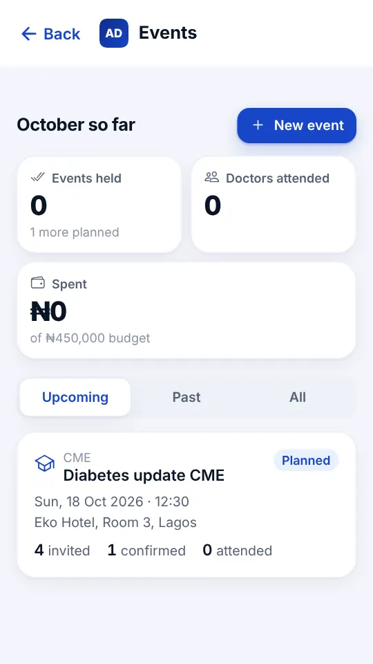 Events screen with a planned Diabetes update CME