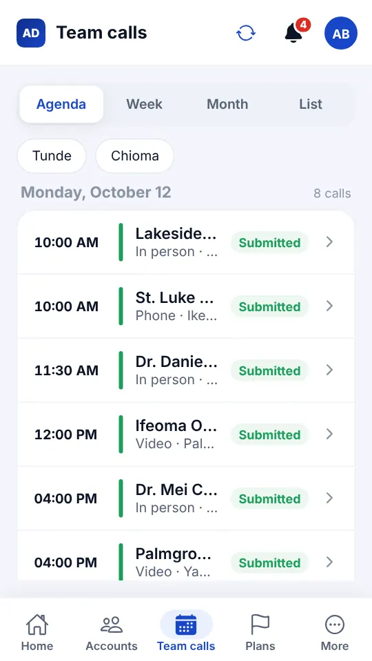 Team calls in agenda view with submitted calls