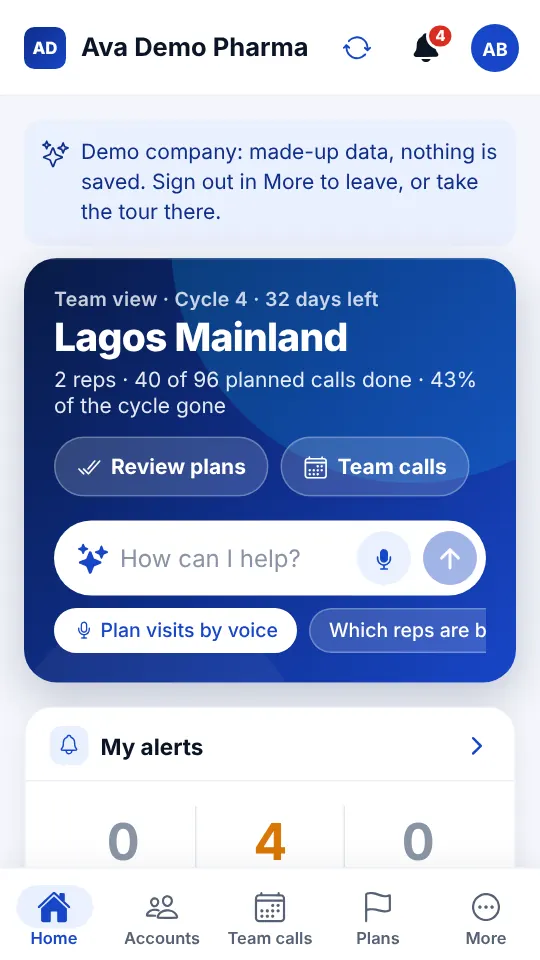 Manager home with team plan progress, Review plans and Team calls