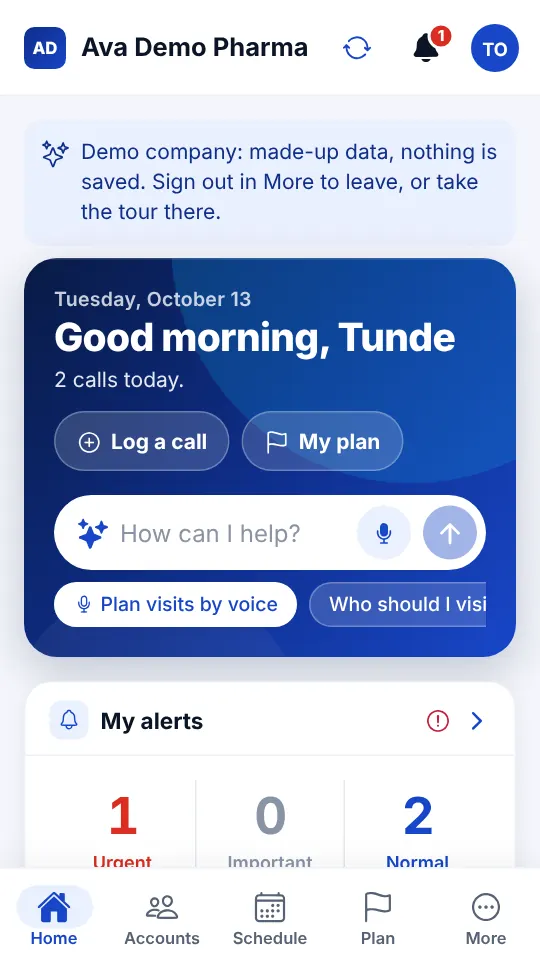 Ava CRM home screen for a rep with Log a call, My plan, the Ask Ava box and alerts