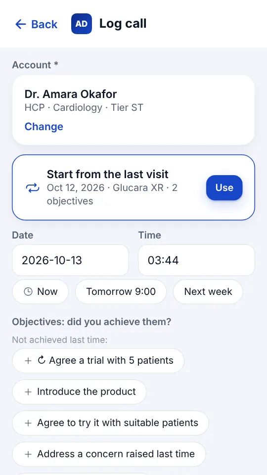 Log call screen with the account, Start from the last visit, date and time, and suggested objectives