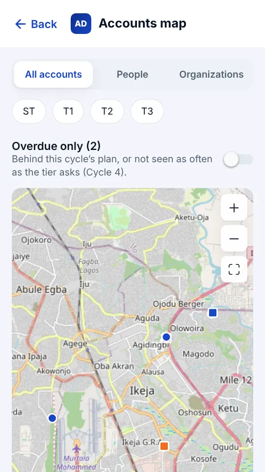 Map of accounts in Lagos coloured by tier