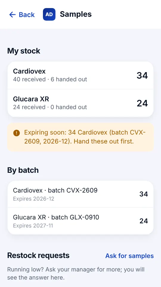 Samples screen with stock by product and batch and an expiry warning